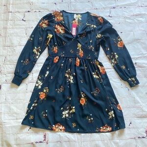Xhilaration Floral Long Sleeve Mini Dress Navy Smocked Waist Boho M NWT